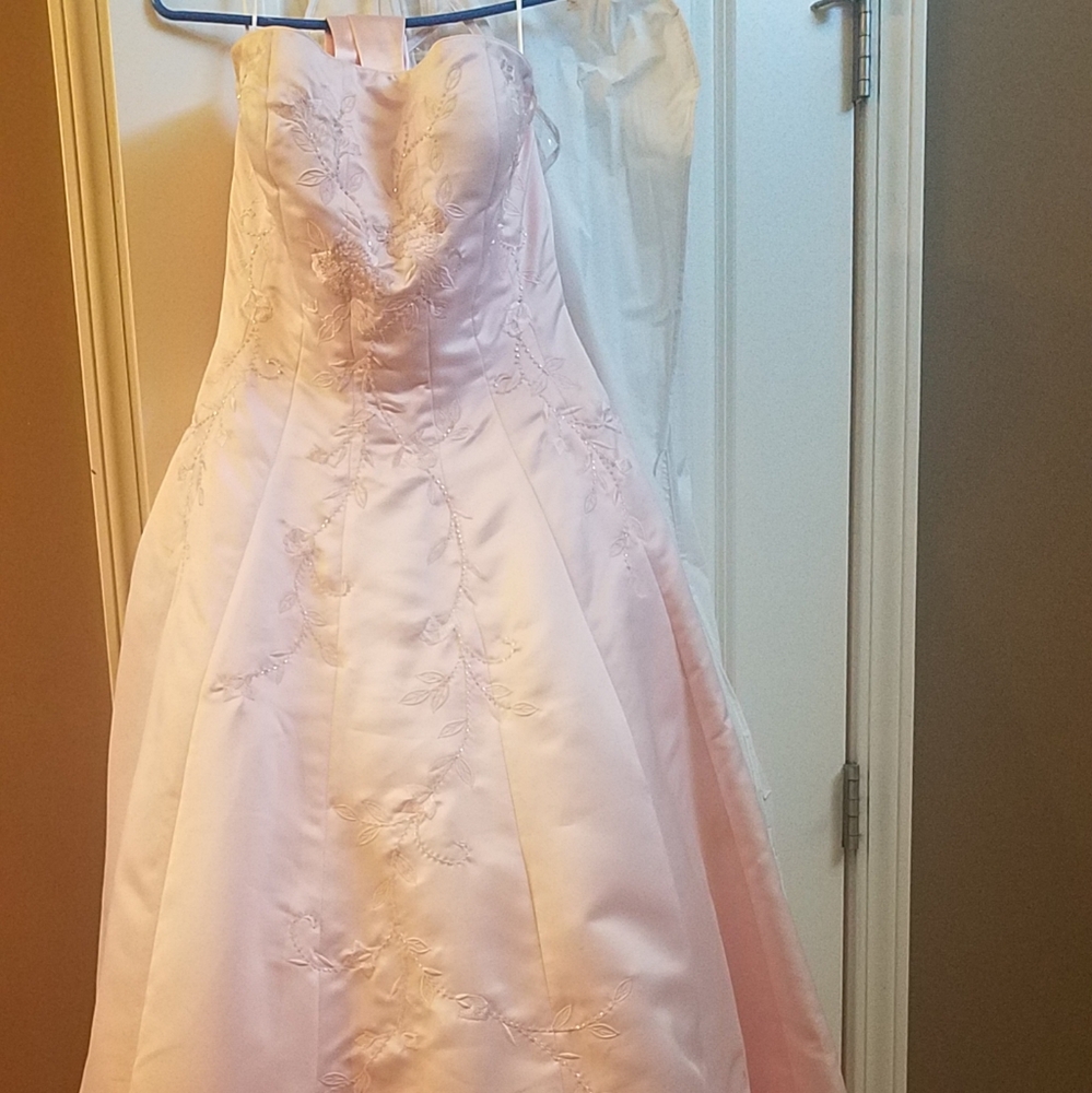 Pale pink ballroom gown or prom dress.